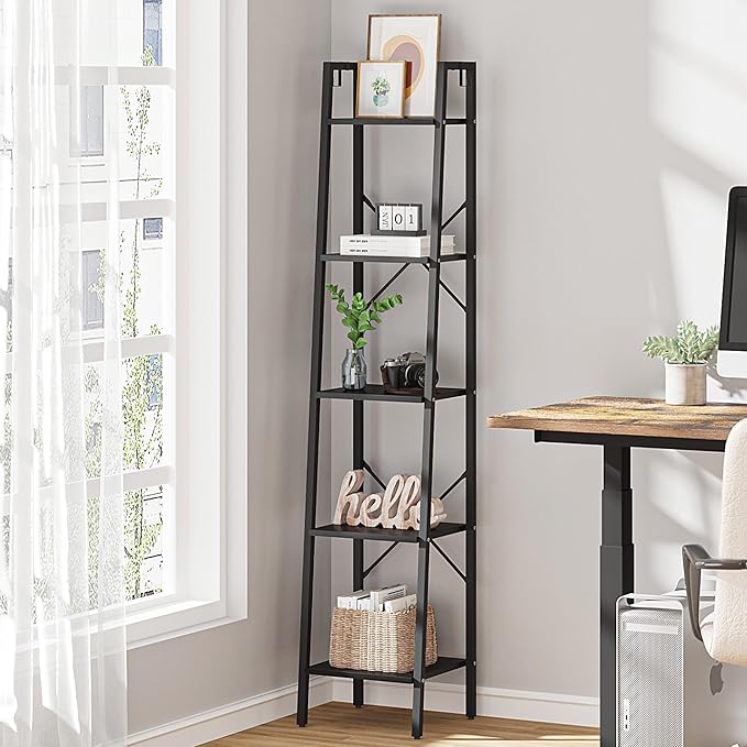 Ladder Shelf, Bookshelf Bookcase, Freestanding Corner Storage Shelve with 2 Hooks for Home Office, Living Room, Kitchen, Bedroom, Industrial, 5-Tier Black BC03204B - LeafyLoom