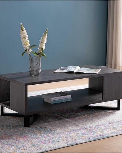 NicBex Coffee Table Wooden Coffee Table with Storage Rectangle Center Tables with Bottom Shelf and Metal Frame Dining Table for Living Room, Dining Room, Office, and Bedroom,47.25" W, Black+Gray - LeafyLoom
