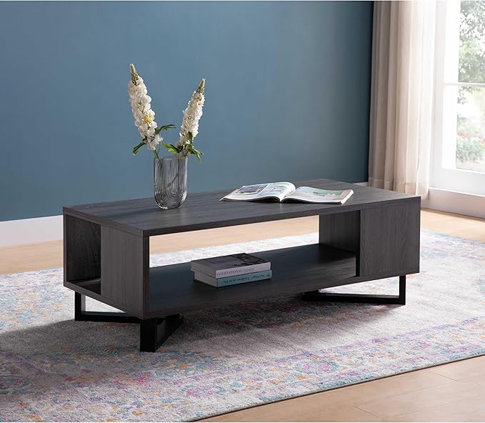 NicBex Coffee Table Wooden Coffee Table with Storage Rectangle Center Tables with Bottom Shelf and Metal Frame Dining Table for Living Room, Dining Room, Office, and Bedroom,47.25" W, Black+Gray - LeafyLoom