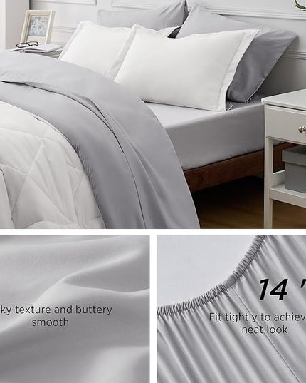Bedsure Ivory Full Size Comforter Set - 7 Pieces Reversible Full Bed in a Bag, Full Bed Set Ivory and Grey with Comforters, Sheets, Pillowcases & Shams - LeafyLoom