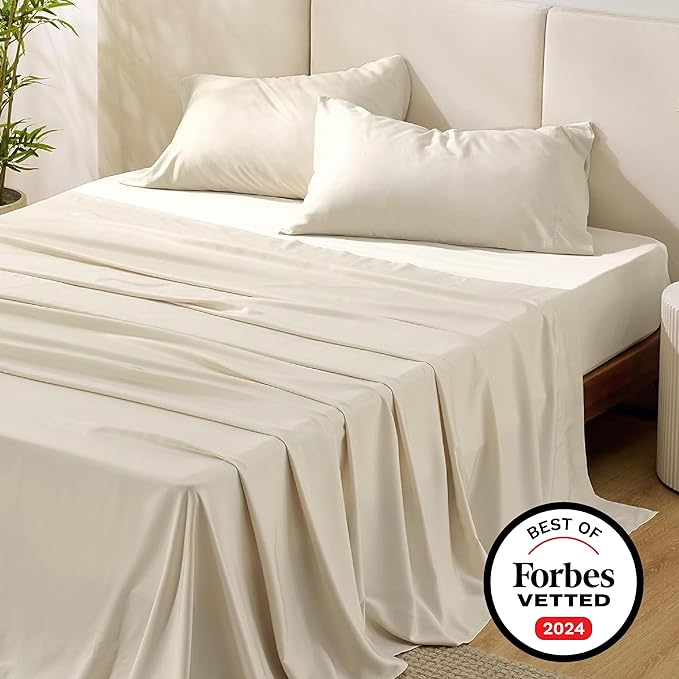 Bedsure King Size Sheet Set, Cooling Sheets King, Rayon Derived from Bamboo, Deep Pocket Up to 16", Breathable & Soft Bed Sheets, Hotel Luxury Silky Bedding Sheets & Pillowcases, Light Beige - LeafyLoom