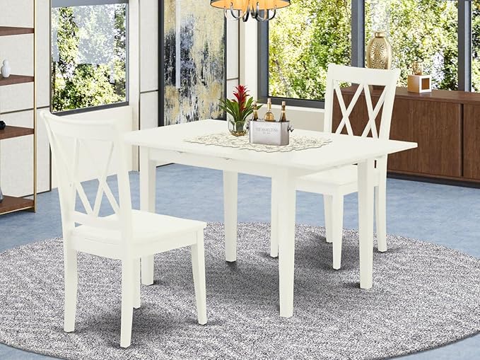 East West Furniture NOCL3-LWH-W 3 Piece Dinette Set for Small Spaces Contains a Rectangle Dining Table with Butterfly Leaf and 2 Dining Room Chairs, 32x54 Inch, Linen White - LeafyLoom