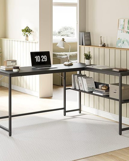 CubiCubi L Shaped Desk, 55.1 inch Corner Computer Desk with Storage Shelves, Home Office Desk with Bookshelf for Writing Gaming Study, Black - LeafyLoom