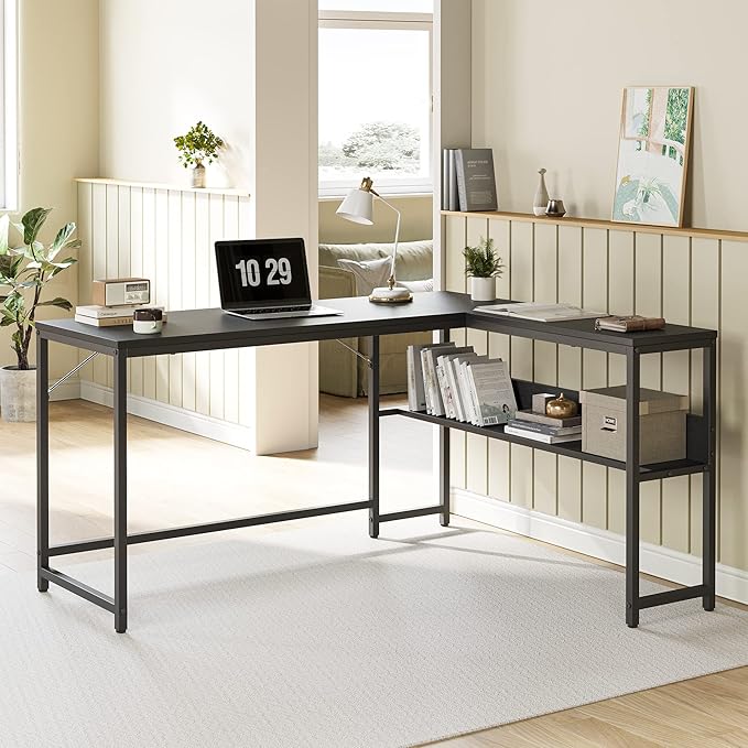CubiCubi L Shaped Desk, 55.1 inch Corner Computer Desk with Storage Shelves, Home Office Desk with Bookshelf for Writing Gaming Study, Black - LeafyLoom