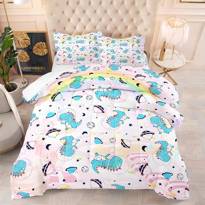 NINENINE Pink Dinosaur Comforter Set Colorful Rainbow Castle UFO Space Theme Bedding, Twin Comforter Sets for Boys Girls Kawaii Bedding Set with 1 Comforter 1 Pillowcase - LeafyLoom