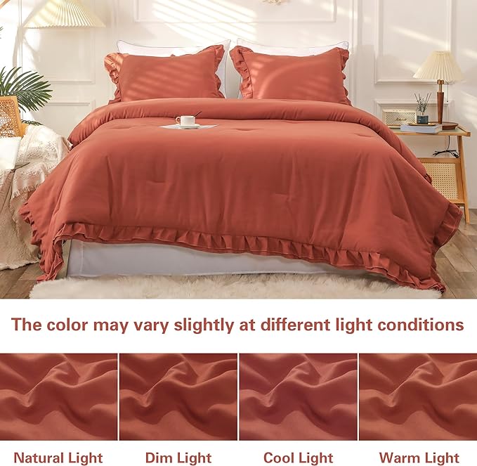 Terracotta Double Ruffle Comforter Set Full Size (79x90 Inch), 3 Pcs Farmhouse Vintage Comforter Set (1 Ruffled Comforter and 2 Pillowcase), Rustic All Season Down Alternative Bedding Set - LeafyLoom