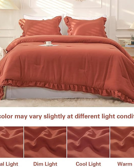Terracotta Double Ruffle Comforter Set Queen Size (90x90 Inch), 3 Pcs Farmhouse Vintage Comforter Set (1 Ruffled Comforter and 2 Pillowcase), Rustic All Season Down Alternative Bedding Set - LeafyLoom