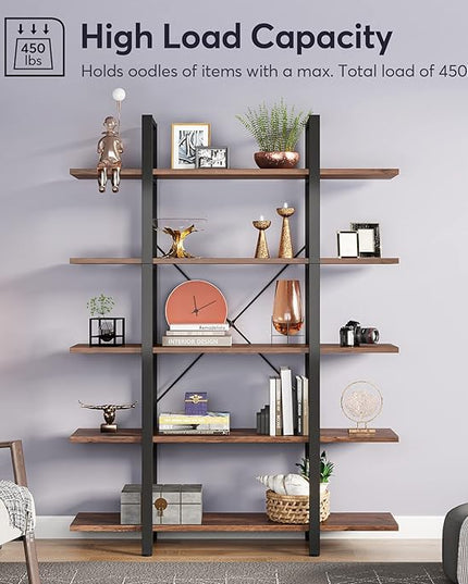 Tribesigns 5-Tier Bookshelf, Vintage Industrial Style Bookcase 72 H x 12 W x 47L Inches, Retro Brown - LeafyLoom