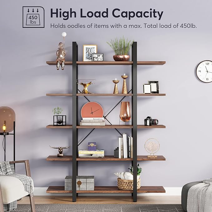 Tribesigns 5-Tier Bookshelf, Vintage Industrial Style Bookcase 72 H x 12 W x 47L Inches, Retro Brown - LeafyLoom