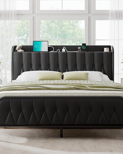 Feonase Queen Bed Frame with Type-C & USB Port, Metal Platform Beds, with Faux Leather Upholstered Headboard & Footboard, 12" Underbed Storage Space, Easy Assembly, Noise-Free, Black - LeafyLoom