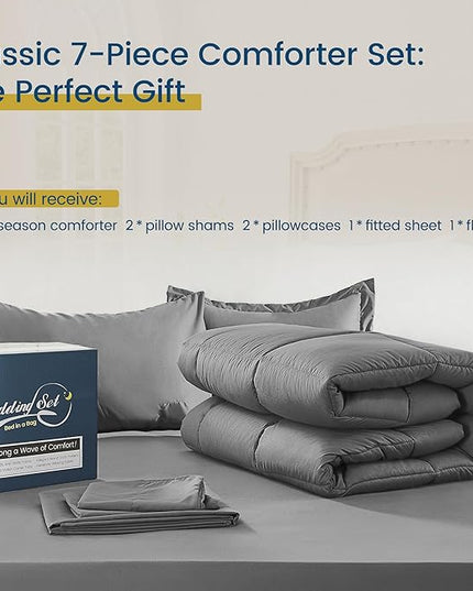 King Size Bed in a Bag 7 Pieces Comforter Set King, Wood Grain Texture Bedding Comforter Set Dark Grey Bed Set with Comforter, Pillowcases, Flat Sheet, Fitted Sheet and Pillow Shams - LeafyLoom
