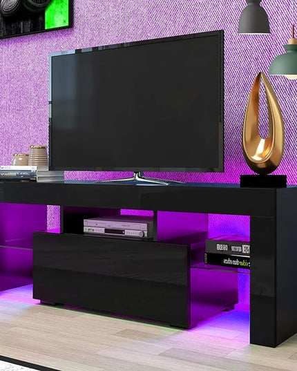 HOUAGI LED TV Stand for Televisions up to 55 Inchs,Modern Entertainment Center with Storage Drawer and Glass shelf, TV Console Table for Living room,Bedroom,Black - LeafyLoom