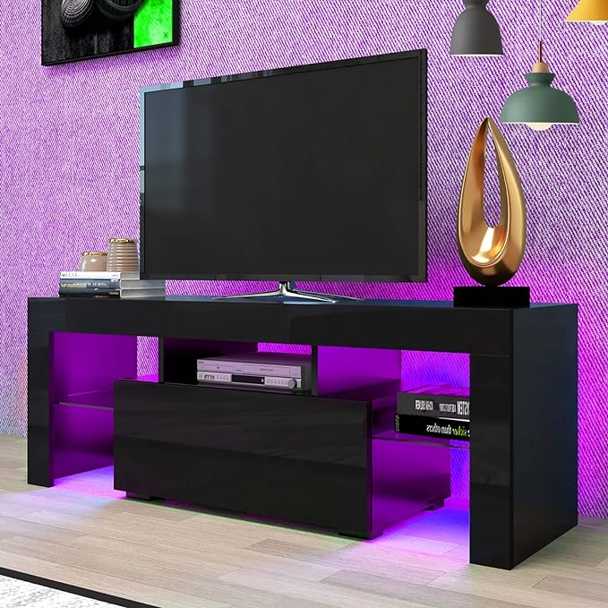 HOUAGI LED TV Stand for Televisions up to 55 Inchs,Modern Entertainment Center with Storage Drawer and Glass shelf, TV Console Table for Living room,Bedroom,Black - LeafyLoom