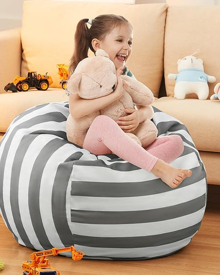 EXQ Home Kids Bean Bag Chairs Cover -Stuffed Animal Bean Bag Storage Grey and White Stripes-Zipper Bean Bag for Organizing Children Plush Toys Holiday Gift for Girl,Boys (2XL) - LeafyLoom