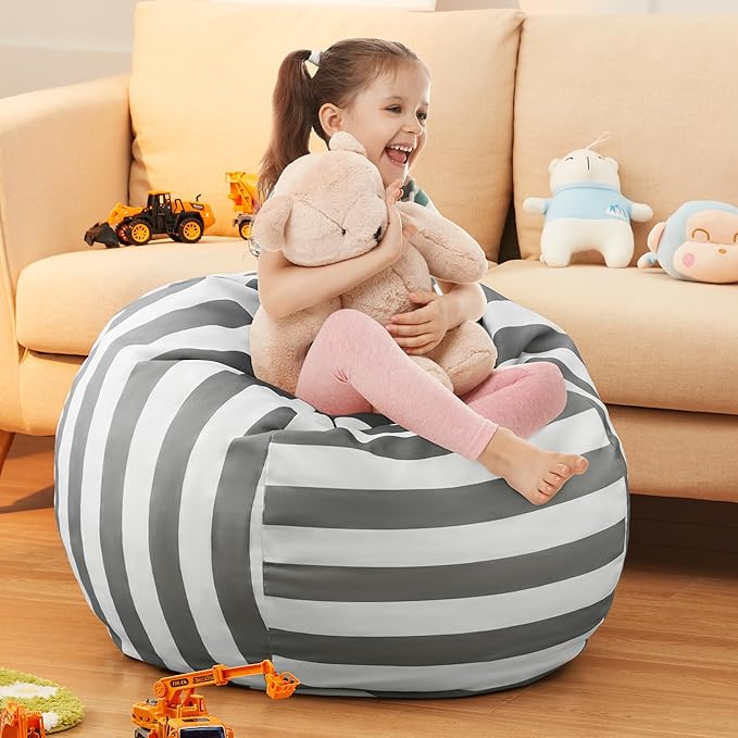 EXQ Home Kids Bean Bag Chairs Cover -Stuffed Animal Bean Bag Storage Grey and White Stripes-Zipper Bean Bag for Organizing Children Plush Toys Holiday Gift for Girl,Boys - LeafyLoom