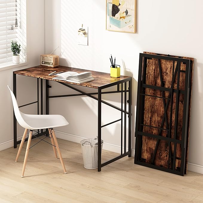 EMODA 40 inch Folding Desk No Assembly Needed Home Office Desk Study Writing Gaming Computer Table, Rustic Brown - LeafyLoom