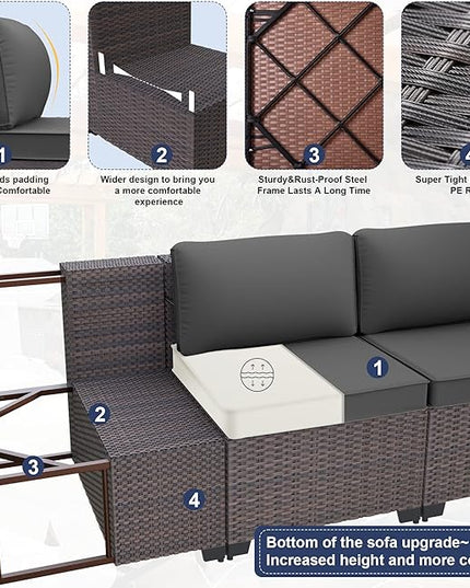 Patio Furniture Set 14-Pieces Outdoor Furniture for Backyard Wicker Sectional Sofa Set, Rattan Patio Conversation Set with Thickened Cushions and Glass Coffee Table, Grey - LeafyLoom