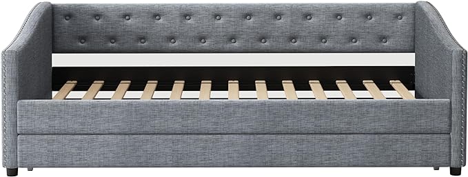 Twin Size Upholstered Daybed with Twin Size Trundle,Wood Sofa Bed Frame W/Button Tufted Back and Nailhead Decorated Waved Shape Arms,Slat Support,for Bedroom,Living Room,Apartment,Light Gray - LeafyLoom