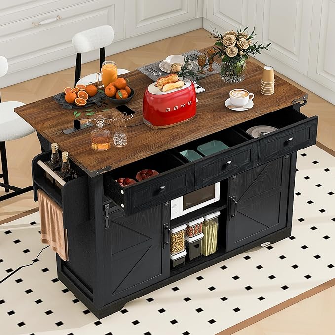 53.7" Farmhouse Kitchen Island with Power Outlet, 2 Sliding Barn Door Kitchen Storage Island with Drop Leaf, Spice Rack Rolling Kitchen Cart on Wheels for Home, Kitchen, Dining Room, Black - LeafyLoom