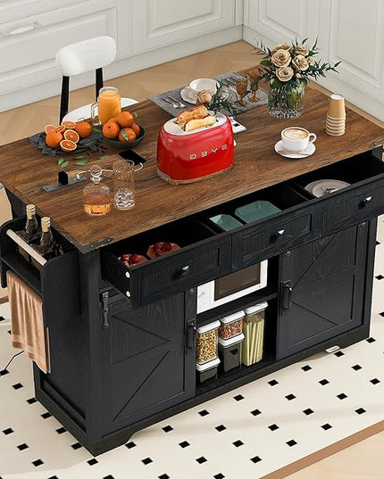 53.7" Farmhouse Kitchen Island with Power Outlet,2 Sliding Barn Door Storage w/Drop Leaf and Spice Rack Rolling Carts on Wheels & Metal Handle,for Home,Dining Room,Black, 50.25" - LeafyLoom
