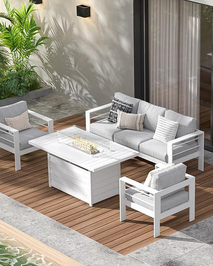 Wisteria Lane Aluminum Patio Furniture Set, 4 Pcs Metal Outdoor Furniture Set with CSA Certified 54in Propane Gas Fire Pit Table, Patio Conversation Set with 5in Olefin Cover Cushions, White - LeafyLoom