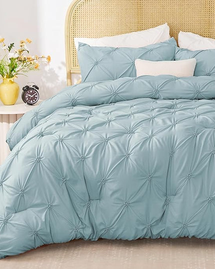 BEDELITE Light Blue Twin Comforter Set for Girls - 2 Peices Boho Pintuck Bedding Comforter Sets, Lightweight Soft & Warm Twin Bedding Sets with 1 Pillowcase for All Season - LeafyLoom