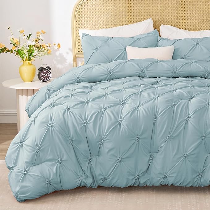 BEDELITE Light Blue Twin Comforter Set for Girls - 2 Peices Boho Pintuck Bedding Comforter Sets, Lightweight Soft & Warm Twin Bedding Sets with 1 Pillowcase for All Season - LeafyLoom