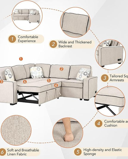 83“ L-Shape Sectional Sleeper Sofa with Pull out Bed, Linen Upholstered Convertible Couch w/ 3 Pillows, 2 Power Sockets &2 USB ports, for Living Room Apartment, 83 Inch, Cream - LeafyLoom