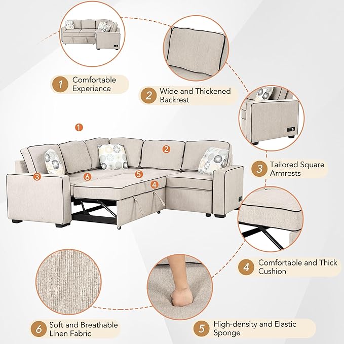 83“ L-Shape Sectional Sleeper Sofa with Pull out Bed, Linen Upholstered Convertible Couch w/ 3 Pillows, 2 Power Sockets &2 USB ports, for Living Room Apartment, 83 Inch, Cream - LeafyLoom