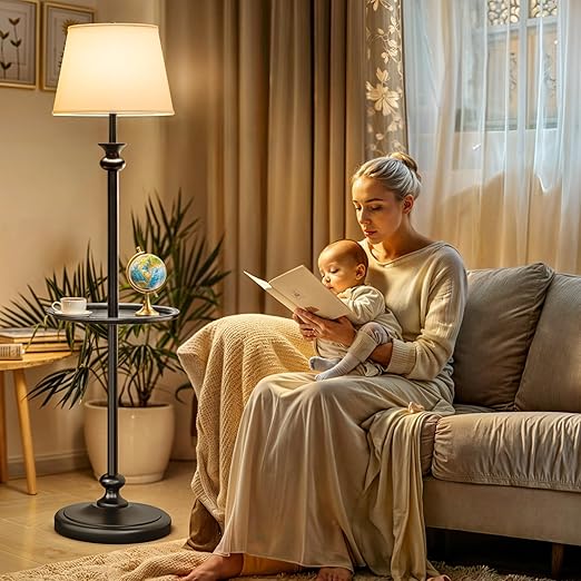 DWVO Floor Lamp with Tray, Retro Style 57'' Metal End Floor Lamp with Linen Shade, Weighted Base, and ON/OFF Rotary Switch for Bedroom, Living Room, Office, Study, Office (Bulbs not Included) - LeafyLoom