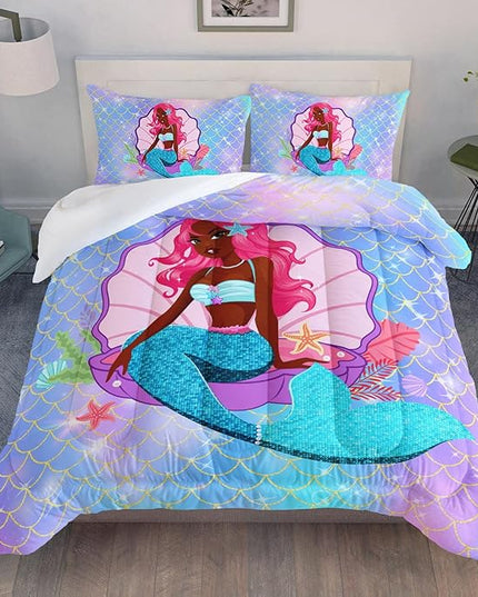Datura home Bedding Comforter Set Black Girl Magic Mermaid Printed Pattern Quilt with 1 and 2 Pillowcases for Girls Bedroom All Season(Black Blue Queen) Queen 90x90inches - LeafyLoom