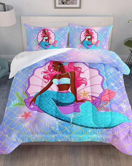 Datura home Bedding Comforter Set Black Girl Magic Mermaid Printed Pattern Quilt with 1 and 2 Pillowcases for Girls Bedroom All Season(Black Blue Twin) Twin 68x86inches - LeafyLoom