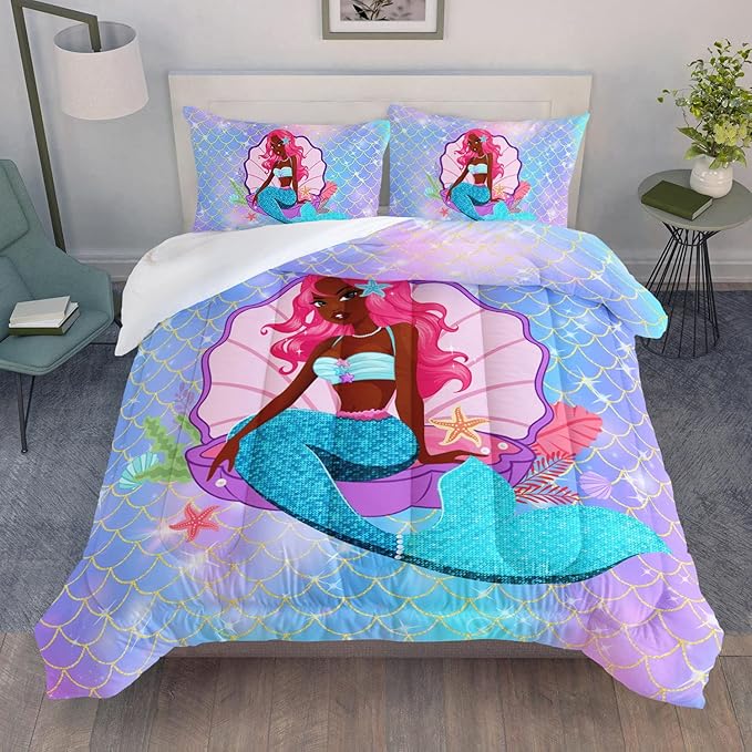 Datura home Bedding Comforter Set Black Girl Magic Mermaid Printed Pattern Quilt with 1 and 2 Pillowcases for Girls Bedroom All Season(Black Blue Twin) Twin 68x86inches - LeafyLoom