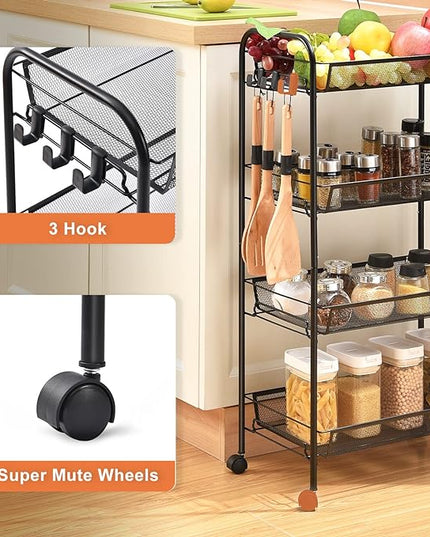 TOOLF 4-Tier Rolling Cart, Metal Utility Cart with 3 Hooks, Easy Assemble Mobile Storage Trolley On Wheels, Metal Shelving Units Kitchen Bathroom Laundry Room - LeafyLoom