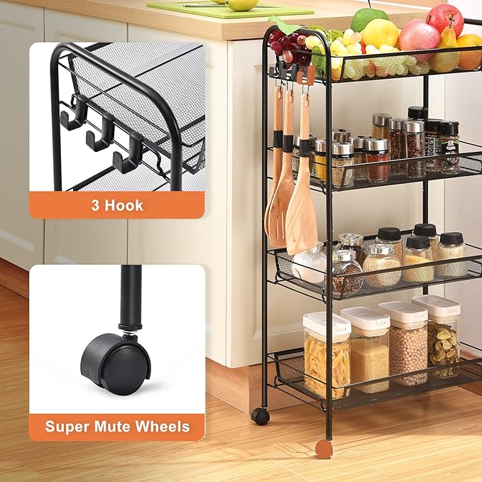 TOOLF 4-Tier Rolling Cart, Metal Utility Cart with 3 Hooks, Easy Assemble Mobile Storage Trolley On Wheels, Metal Shelving Units Kitchen Bathroom Laundry Room - LeafyLoom