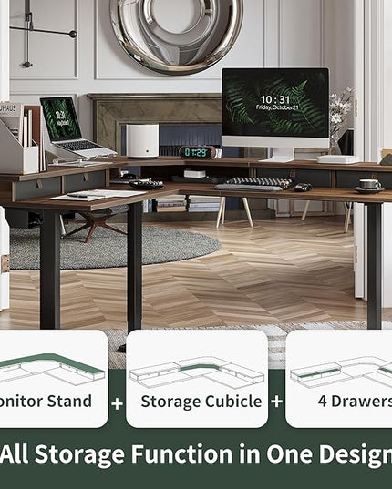 FEZIBO 63" L Shaped Standing Desk with 4 Drawers, Electric Standing Gaming Desk Adjustable Height, Corner Stand up Desk with Splice Board, Black Frame/Black Walnut Top - LeafyLoom