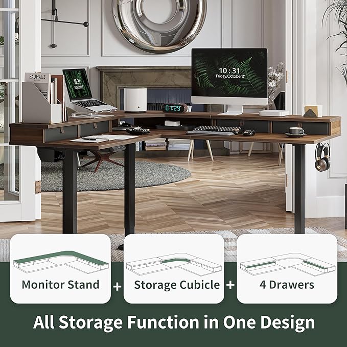 FEZIBO 63" L Shaped Standing Desk with 4 Drawers, Electric Standing Gaming Desk Adjustable Height, Corner Stand up Desk with Splice Board, Black Frame/Black Walnut Top - LeafyLoom