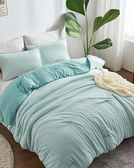 ENCOFT Green Comforter Set King, 3 Pieces King Bedding Comforter Set, Boho Striped Comforter with 2 Pillowcases, Soft Microfiber Lightweight Farmhouse Comforter Set King, 104" x 90" - LeafyLoom