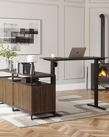 FEZIBO 66 Inch Executive L Shaped Standing Desk with 2-Drawer File Cabinet, Electric Height Adjustable Stand up Desk, Home Office Modern Wood Computer Desk with Shelves, Black Frame/Dark Walnut Top - LeafyLoom