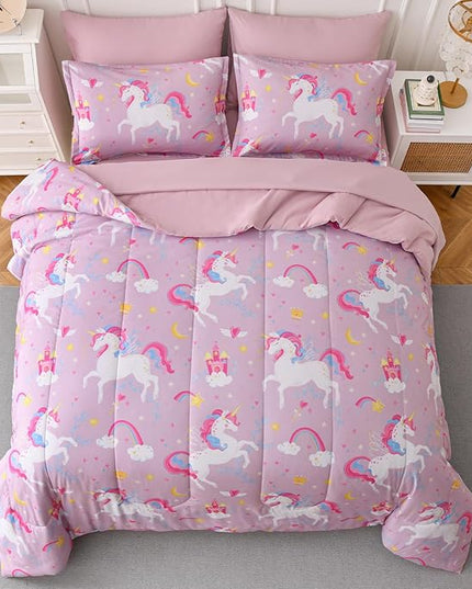Queen Comforter Set for Girls, 7 Pieces Bed in a Bag with Shams, Sheet Set, Pink Unicorn Double Soft Microfiber Kids Comforter Bedding Set - LeafyLoom