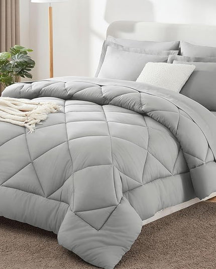 CozyLux Twin Bed in a Bag Comforter Set with Sheets 5-Pieces for Girls and Boys Light Grey All Season Bedding Sets with Comforter, Pillow Sham, Flat Sheet, Fitted Sheet and Pillowcase - LeafyLoom