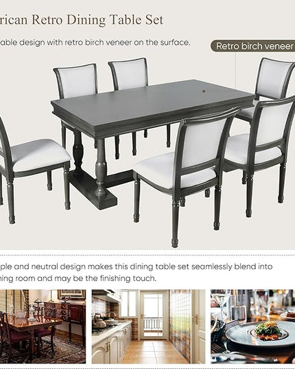 59.4 Inch Dining Table Set for 6, 7-Piece Dining Table with 4 Trestle Base and 6 Upholstered Chairs with Slightly Curve and Ergonomic Seat Back, Grey - LeafyLoom