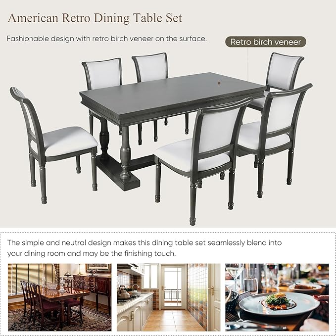 59.4 Inch Dining Table Set for 6, 7-Piece Dining Table with 4 Trestle Base and 6 Upholstered Chairs with Slightly Curve and Ergonomic Seat Back, Grey - LeafyLoom