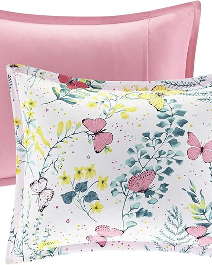Mi Zone Kids Cynthia Comforter for Girls Microfiber Animal Butterfly Print, Modern All Season Down Alternative Kids Bed Set, Matching Sham, Decorative Pillow, Full/Queen, Pink 4 Piece - LeafyLoom