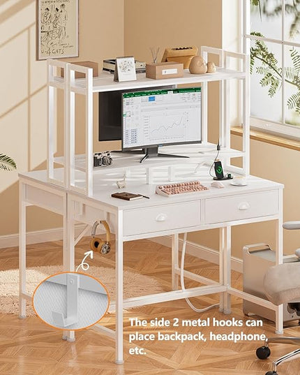 Furologee Small White Computer Desk with Power Outlet and 2 Fabric Drawers, Gaming Desk with LED light, Home Office Desk with Monitor Stand and Hutch for Small Space Working, Study Table with Shelf - LeafyLoom