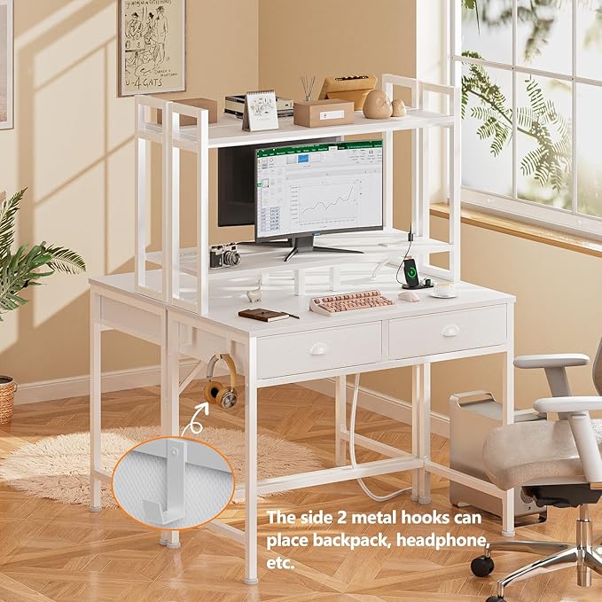 Furologee Small White Computer Desk with Power Outlet and 2 Fabric Drawers, Gaming Desk with LED light, Home Office Desk with Monitor Stand and Hutch for Small Space Working, Study Table with Shelf - LeafyLoom