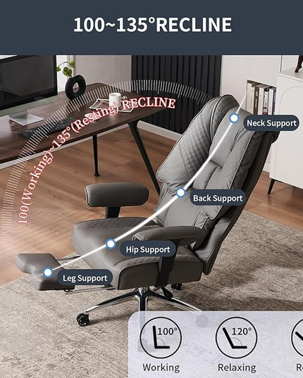 Big and Tall Office Chair 400lbs Wide Seat, Leather High Back Executive Office Chair with Foot Rest, Ergonomic Office Chair Lumbar Support for Lower Back Pain Relief (Grey) - LeafyLoom