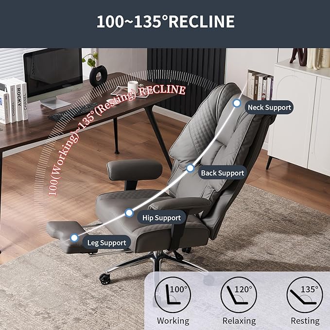 Big and Tall Office Chair 400lbs Wide Seat, Leather High Back Executive Office Chair with Foot Rest, Ergonomic Office Chair Lumbar Support for Lower Back Pain Relief (Grey) - LeafyLoom