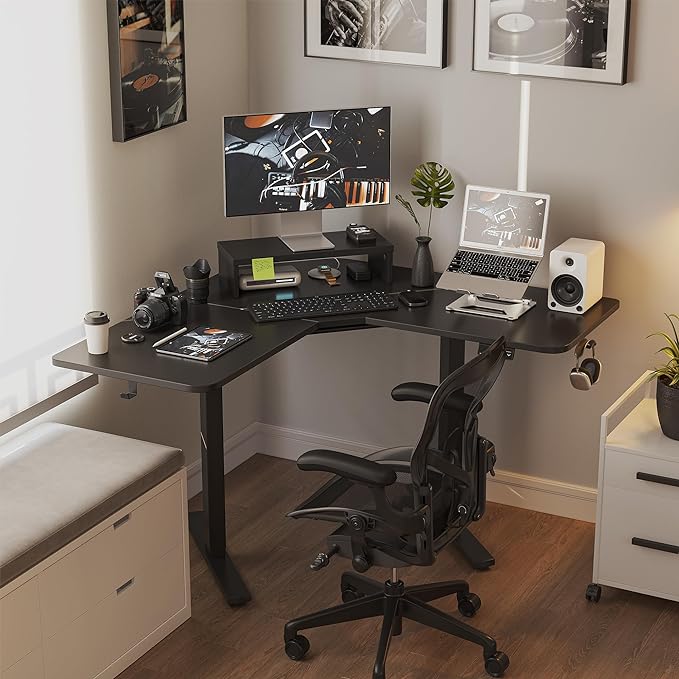 FEZIBO Corner Standing Desk, 48 Inches L Shaped Standing Desk, Electric Stand Up Corner Desk, Home Office Sit Stand Desk with Black Top and Frame - LeafyLoom