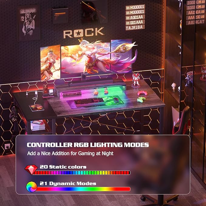 armocity Computer Desk with LED Lights, 47 Gaming Desk with Power Outlet and USB, Reversible Laptop Table with Moveable Monitor Stand for Small Spaces, Office, Room, Grey and Black - LeafyLoom